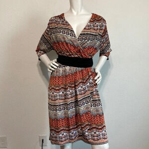 LucieLu Printed Red Orange Striped V-Neck Mini Dress Size 0X